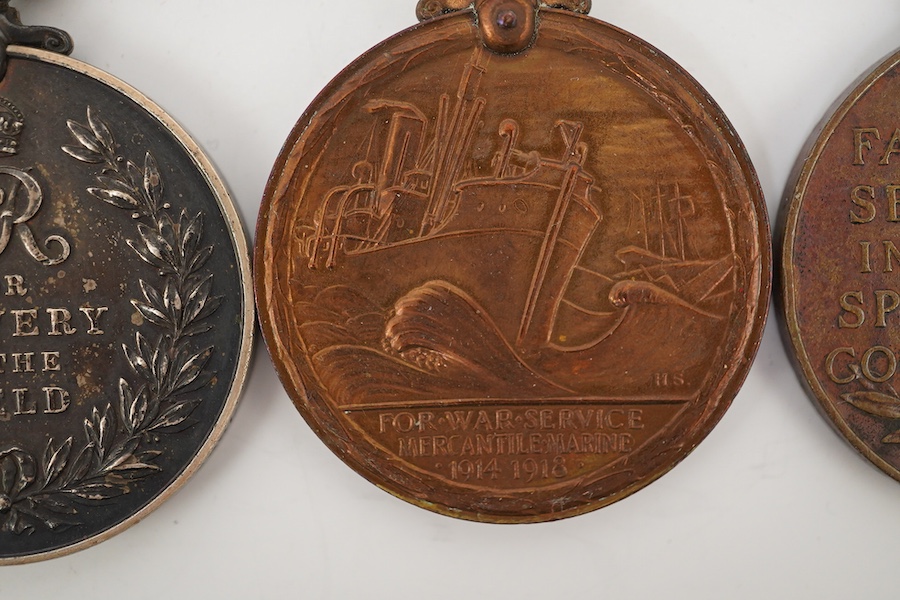 Seven First World War medals, including a Military Medal (MM) group comprising of an MMand a 1914 Star awarded to 7993 Pte. W. Grundy 1/R. SC. FUS., Military Medal possibly renamed, together with a WWI trio awarded to 22